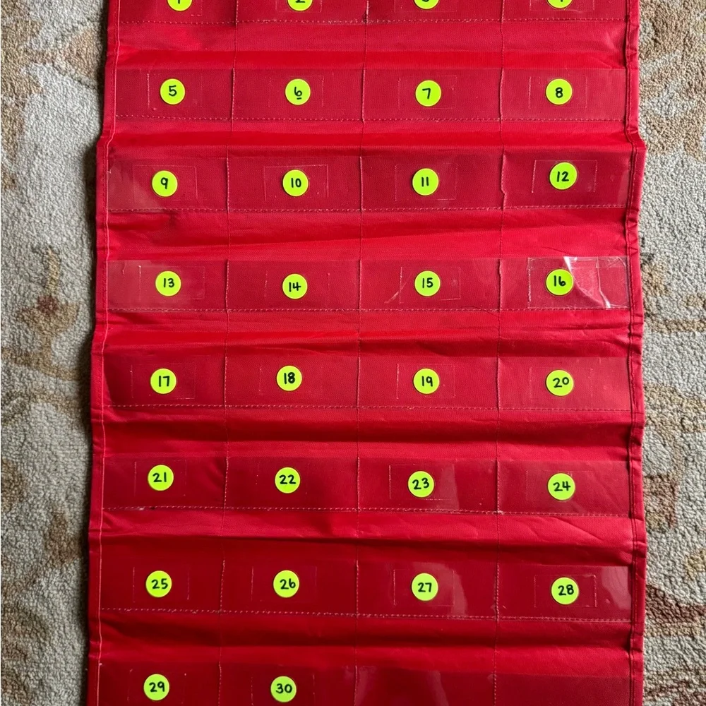 Red Organizer with Numbered Pockets 25”x16” total 32 pockets